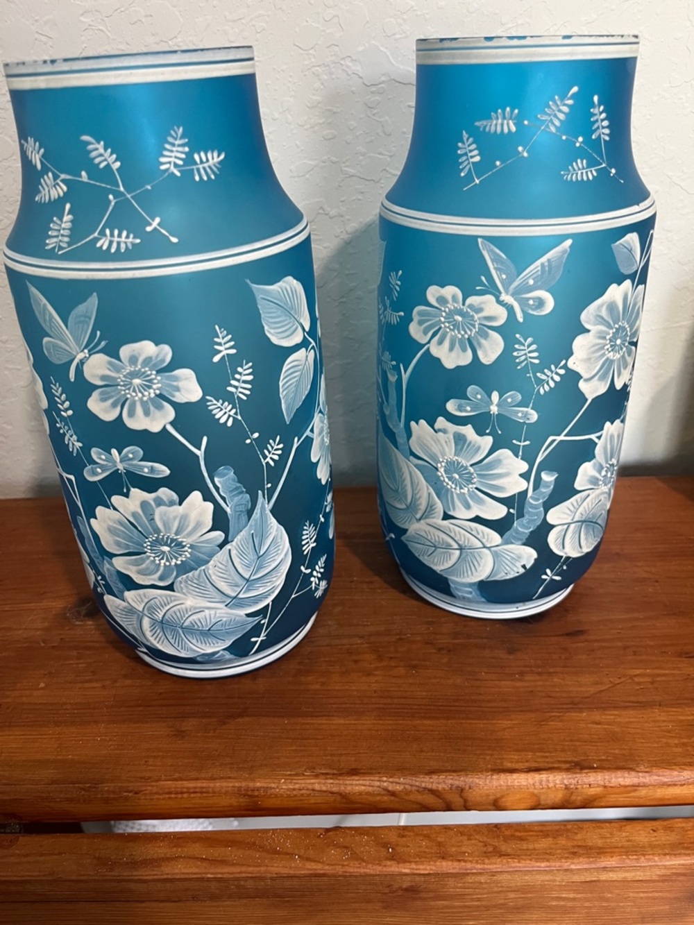 Vintage Art Glass Blue Floral Ceramic Vase Pair - Florentine Lay cameo